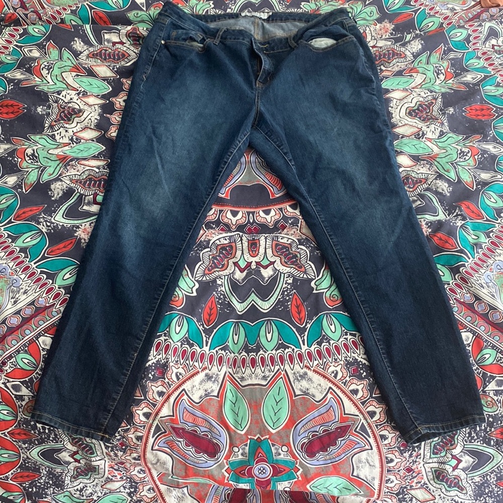 Full length medium/dark wash skinny jeans from Torrid.